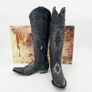 Old Gringo Women's 7.5 Celina Black Crystal Studded Knee High Cowgirl Boots